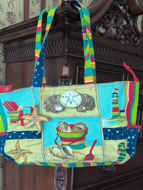 Canvas Beach Print Tote Bag in Teal and Multi-Color And Side Pockets